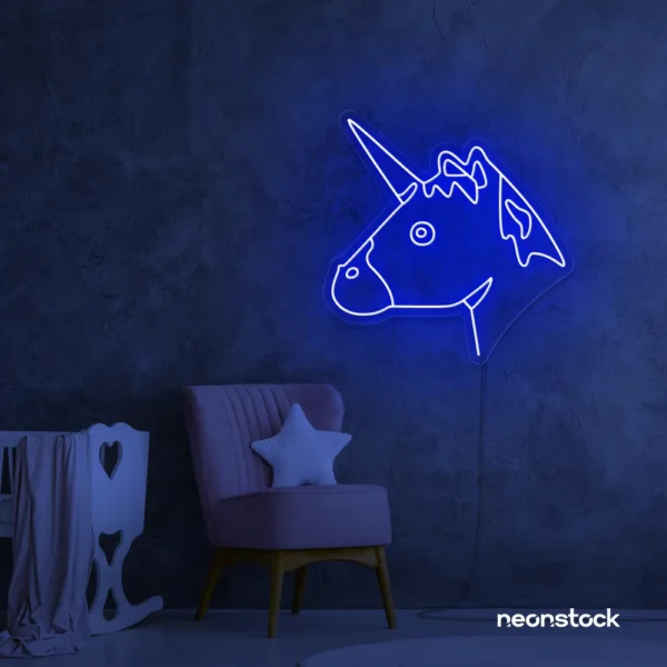 Unicorn neon sign in dark blue for kids' bedrooms, fairy-tale decor, and magical playrooms.