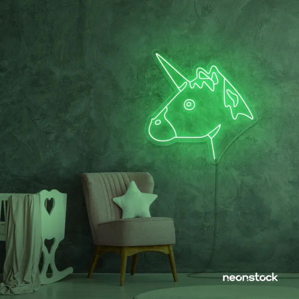 Unicorn neon sign in green for kids' bedrooms, fairy-tale decor, and magical playrooms.