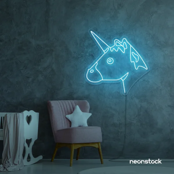 Unicorn neon sign in ice blue for kids' bedrooms, fairy-tale decor, and magical playrooms.