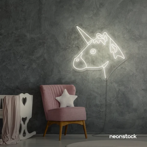 Unicorn neon sign in neutral white for kids' bedrooms, fairy-tale decor, and magical playrooms.