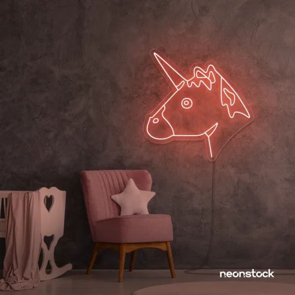 Unicorn neon sign in peachy pink for kids' bedrooms, fairy-tale decor, and magical playrooms.