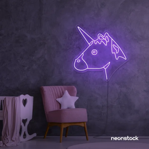 Unicorn neon sign in purple for kids' bedrooms, fairy-tale decor, and magical playrooms.