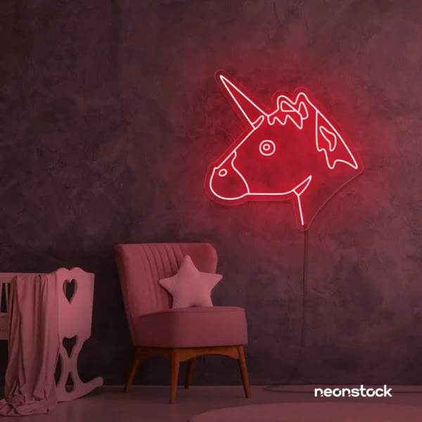 Unicorn neon sign in red for kids' bedrooms, fairy-tale decor, and magical playrooms.