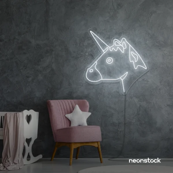Unicorn neon sign in white for kids' bedrooms, fairy-tale decor, and magical playrooms.