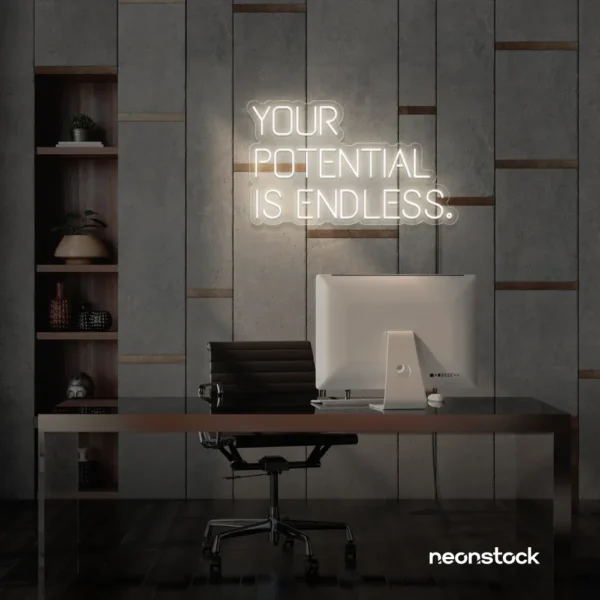 Your Potential Is Endless neon sign in neutral white for motivational walls, home offices, and growth-focused decor.