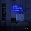 Your Potential Is Endless neon sign in dark blue for motivational walls, home offices, and growth-focused decor.
