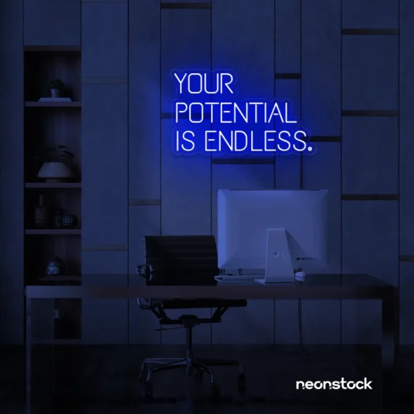 Your Potential Is Endless neon sign in dark blue for motivational walls, home offices, and growth-focused decor.