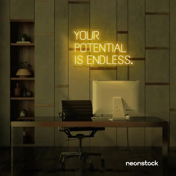 Your Potential Is Endless neon sign in golden yellow for motivational walls, home offices, and growth-focused decor.