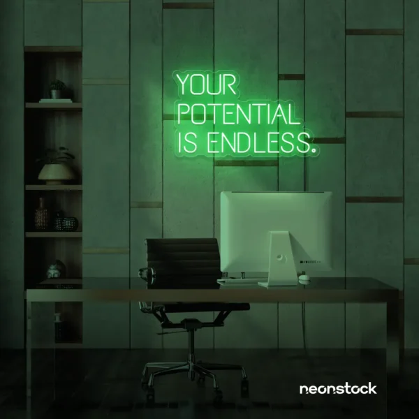 Your Potential Is Endless neon sign in green for motivational walls, home offices, and growth-focused decor.