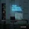 Your Potential Is Endless neon sign in ice blue for motivational walls, home offices, and growth-focused decor.