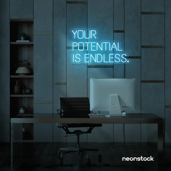 Your Potential Is Endless neon sign in ice blue for motivational walls, home offices, and growth-focused decor.