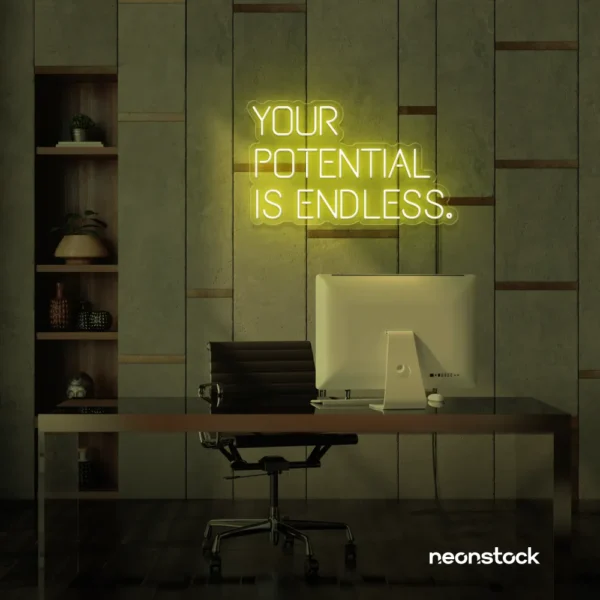 Your Potential Is Endless neon sign in lemon yellow for motivational walls, home offices, and growth-focused decor.