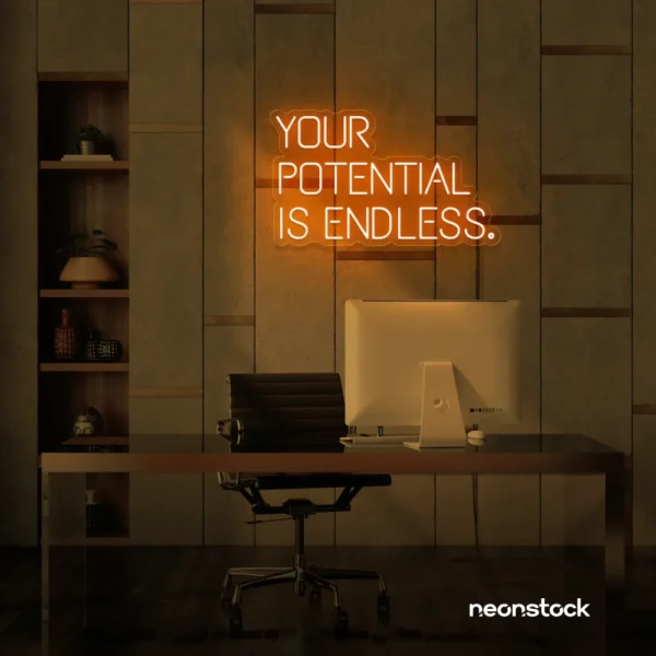 Your Potential Is Endless neon sign in orange for motivational walls, home offices, and growth-focused decor.