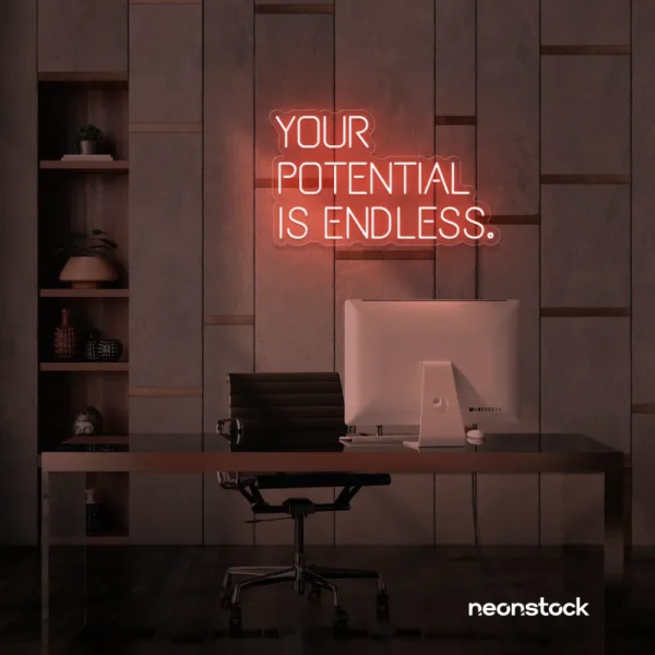 Your Potential Is Endless neon sign in peachy pink for motivational walls, home offices, and growth-focused decor.