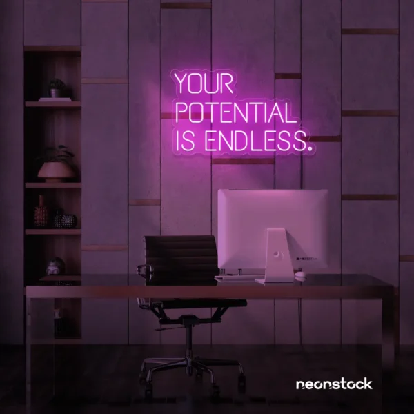 Your Potential Is Endless neon sign in pink for motivational walls, home offices, and growth-focused decor.