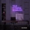 Your Potential Is Endless neon sign in purple for motivational walls, home offices, and growth-focused decor.