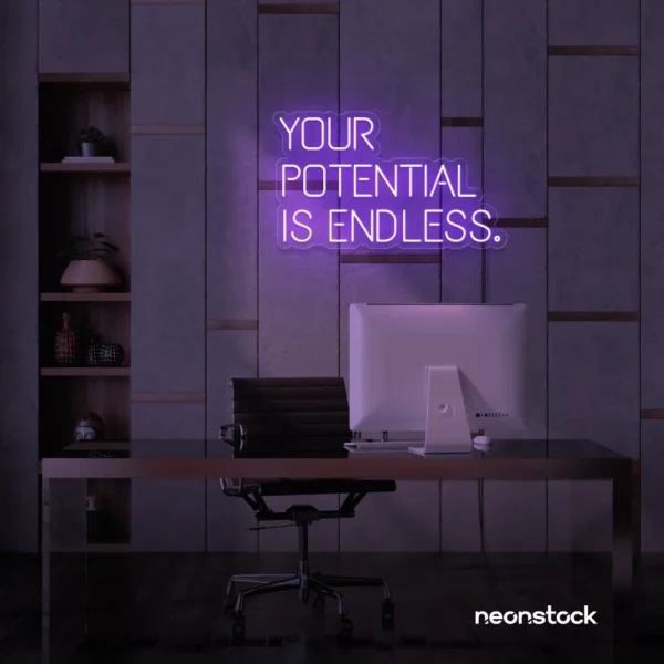 Your Potential Is Endless neon sign in purple for motivational walls, home offices, and growth-focused decor.