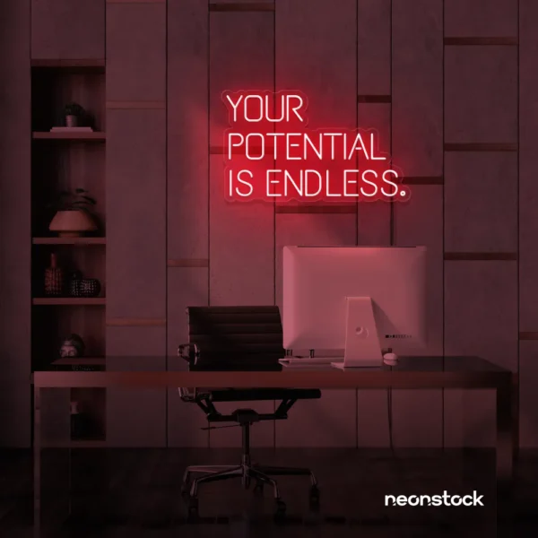 Your Potential Is Endless neon sign in red for motivational walls, home offices, and growth-focused decor.