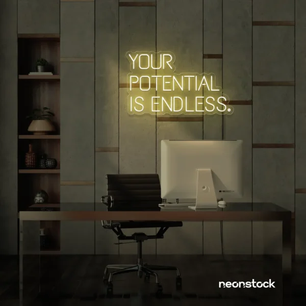Your Potential Is Endless neon sign in warm white for motivational walls, home offices, and growth-focused decor.