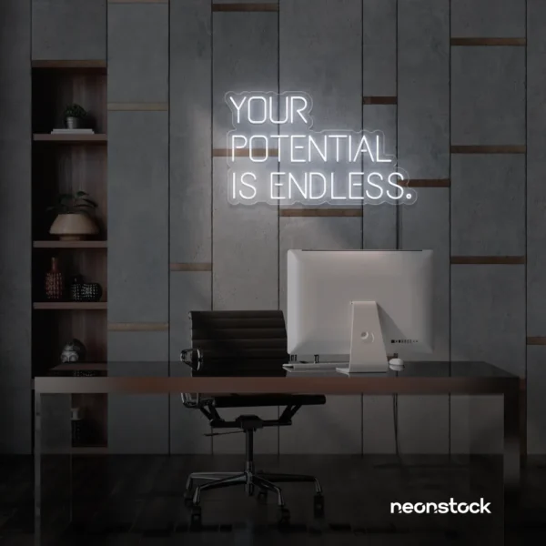 Your Potential Is Endless neon sign in white for motivational walls, home offices, and growth-focused decor.