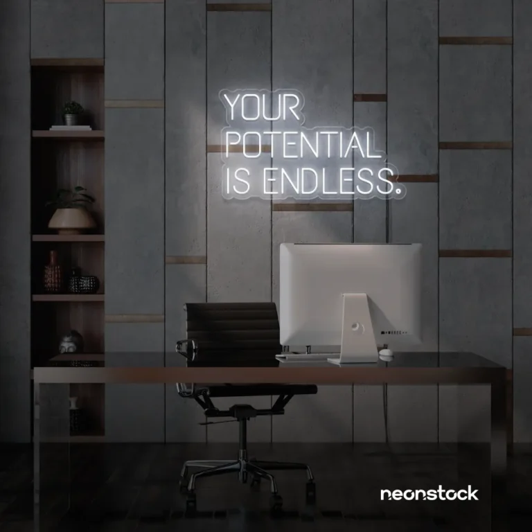 Your Potential Is Endless neon sign in white for motivational walls, home offices, and growth-focused decor.